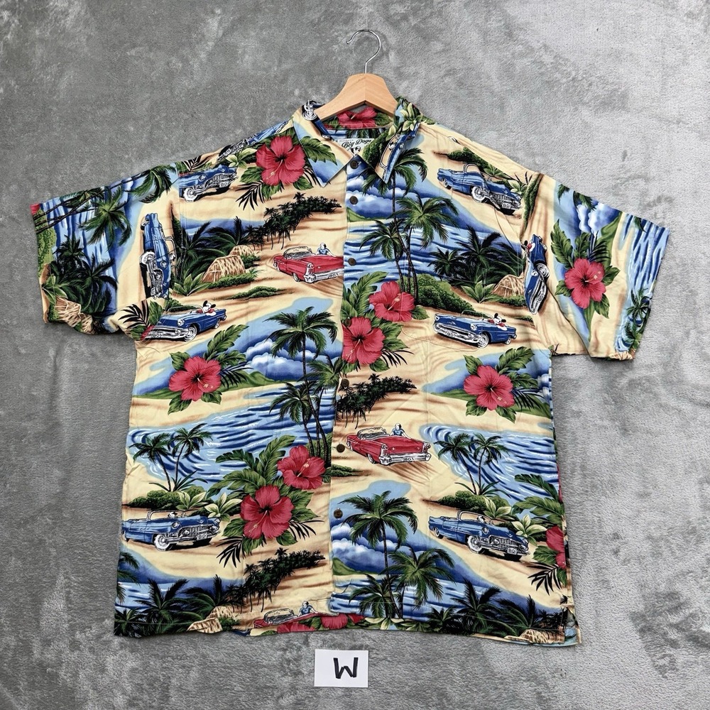 Big Dogs Hawaiian Shirt Men's XL Rayon Tropical Beach Classic Cars Cruise